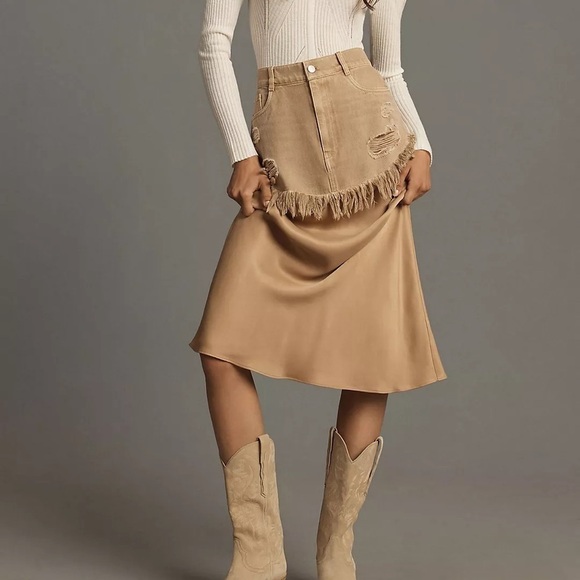 Pilcro Dresses & Skirts - Pilcro Twofer Slip Midi Tan A-Line Skirt with Fringe Rodeo Cowgirl